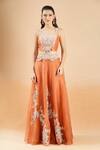 Shop_Prisho_Orange Embroidery, Sequins, Beads Round Neck, Paisley Border Cape Skirt Set _Online_at_Aza_Fashions