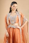 Shop_Prisho_Orange Embroidery, Sequins, Beads Round Neck, Paisley Border Cape Skirt Set _at_Aza_Fashions