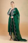 Shop_Prisho_Emerald Green Chiffon Embroidery, Zari V-neck Zardozi Yoke Kurta Set 