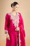 Buy_Prisho_Pink Chiffon Embroidery V-neck Floral Applique Kurta Set _Online_at_Aza_Fashions
