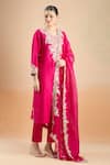 Prisho_Pink Chiffon Embroidery V-neck Floral Applique Kurta Set _at_Aza_Fashions