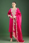 Buy_Prisho_Pink Chiffon Embroidery V-neck Floral Applique Kurta Set _at_Aza_Fashions