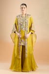 Shop_Prisho_Mustard Embroidery Round Neck Resham Floral Kurta Palazzo Set _Online_at_Aza_Fashions