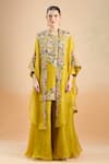 Prisho_Mustard Embroidery Round Neck Resham Floral Kurta Palazzo Set _at_Aza_Fashions