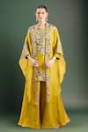 Buy_Prisho_Mustard Embroidery Round Neck Resham Floral Kurta Palazzo Set _at_Aza_Fashions