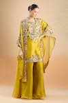 Shop_Prisho_Mustard Embroidery Round Neck Resham Floral Kurta Palazzo Set _at_Aza_Fashions