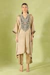 Shop Prisho Beige Tissue Embroidery V-neck Kaftan And Pant Set Online at Aza Fashions Shop_Prisho_Beige Tissue Embroidery V-neck Kaftan And Pant Set _Online_at_Aza_Fashions