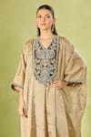Prisho Beige Tissue Embroidery V-neck Kaftan And Pant Set at Aza Fashions Prisho_Beige Tissue Embroidery V-neck Kaftan And Pant Set _at_Aza_Fashions