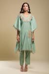 Samyukta Singhania_Green Tassels V-neck Embroidered Kaftan And Pant Set _at_Aza_Fashions