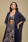 Buy_Samyukta Singhania_Navy Rayon, Organza Embroidery V-, Open Blue Cape Lehenga Set _Online_at_Aza_Fashions