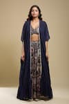 Shop_Samyukta Singhania_Navy Rayon, Organza Embroidery V-, Open Blue Cape Lehenga Set _Online_at_Aza_Fashions