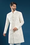 Arihant Rai Sinha_White Silk Embroidery Sherwani And Pant Set _at_Aza_Fashions
