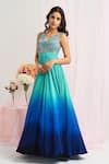 Buy_House Of Akshata_Aqua Crepe Beads, Embroidery V-neck Turquoise Ocean Elegance Gown _at_Aza_Fashions