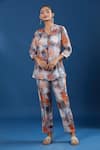 Buy_Naintara Bajaj_Orange Collared Floral Print Paper Silk Shirt And Pant Set _at_Aza_Fashions