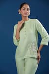 Naintara Bajaj_Green Embroidery Mandarin Collar Pale Liva Viscose Shirt And Pant Set _Online_at_Aza_Fashions