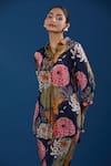 Naintara Bajaj_Navy Silk Collared Floral Shirt And Pant Set _at_Aza_Fashions