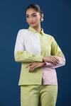 Shop_Naintara Bajaj_Green Cotton, Linen Collared Color Block Shirt And Pant Set _Online_at_Aza_Fashions