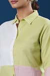 Naintara Bajaj_Green Cotton, Linen Collared Color Block Shirt And Pant Set _at_Aza_Fashions