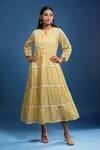 Buy_Naintara Bajaj_Mustard Cotton, Voile Lace Round Neck Mulmul Dress _at_Aza_Fashions