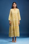Buy_Naintara Bajaj_Mustard Cotton, Voile Lace Round Neck Mulmul Dress _Online_at_Aza_Fashions