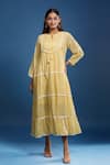 Shop_Naintara Bajaj_Mustard Cotton, Voile Lace Round Neck Mulmul Dress _Online_at_Aza_Fashions