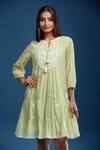 Buy_Naintara Bajaj_Lime Cotton, Voile Embroidery Round Neck Green Mulmul Dress 