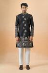 Arihant Rai Sinha_Black Silk Embroidery Thread Sherwani Set _Online_at_Aza_Fashions