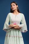 Shop_Naintara Bajaj_Green Cotton, Voile Embroidery Round Neck Pista Mulmul Dress _Online_at_Aza_Fashions
