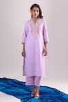Buy_Samyukta Singhania_Lavender Cotton Embroidery Split V-neck Kurta Set _Online