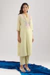 Shop_Samyukta Singhania_Yellow Cotton Embroidery Split V-neck Kurta Set 