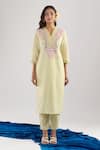 Samyukta Singhania_Yellow Cotton Embroidery Split V-neck Kurta Set _Online