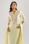 Samyukta Singhania_Yellow Cotton Embroidery Split V-neck Kurta Set 