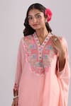 Shop_Samyukta Singhania_Peach Organza, Silk, Shantoon Embroidery Split , Kaftan Set _Online_at_Aza_Fashions