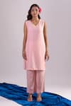 Buy_Samyukta Singhania_Peach Organza, Silk, Shantoon Embroidery Split , Kaftan Set 