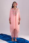 Shop_Samyukta Singhania_Peach Organza, Silk, Shantoon Embroidery Split , Kaftan Set _Online