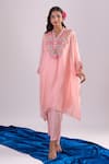 Samyukta Singhania_Peach Organza, Silk, Shantoon Embroidery Split , Kaftan Set 