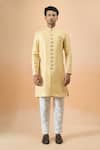 Arihant Rai Sinha_Yellow Jacquard, Silk Sherwani And White Pant _at_Aza_Fashions