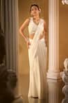 Buy_Aariyana Couture_White Crepe Sequins, Embroidery, Beads V-neck Pre-draped Saree Set _Online_at_Aza_Fashions