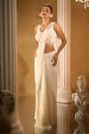 Shop_Aariyana Couture_White Crepe Sequins, Embroidery, Beads V-neck Pre-draped Saree Set _Online_at_Aza_Fashions