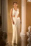 Aariyana Couture_White Crepe Sequins, Embroidery, Beads V-neck Pre-draped Saree Set _at_Aza_Fashions