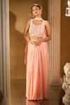 Buy_Aariyana Couture_Peach Crepe Embroidery, Beads Round Neck Blouse And Palazzo Set _at_Aza_Fashions