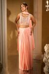 Aariyana Couture_Peach Crepe Embroidery, Beads Round Neck Blouse And Palazzo Set _at_Aza_Fashions