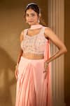 Buy_Aariyana Couture_Peach Crepe Embroidery, Beads Round Neck Blouse And Palazzo Set _Online