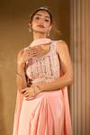 Shop_Aariyana Couture_Peach Crepe Embroidery, Beads Round Neck Blouse And Palazzo Set _Online