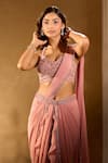 Buy_Aariyana Couture_Peach Georgette Sequins, Embroidery Embellished Pre-draped Saree With Blouse _Online_at_Aza_Fashions