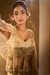 Shop_Aariyana Couture_Gold Crepe Sequins, Embroidery Sweetheart Neck, Pre-draped Saree With Blouse _Online_at_Aza_Fashions