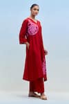 Buy_Priya Chaudhary_Red Chanderi V-neck Blockprint Kurta And Pant Set _Online_at_Aza_Fashions