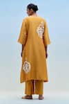 Shop_Priya Chaudhary_Mustard Chanderi Embroidery V-neck Blockprint Kurta Pant Set _at_Aza_Fashions