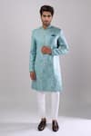 Buy_Arihant Rai Sinha_Blue Polyester, Viscose Designer Woven Jacquard Sherwani And Pant Set _at_Aza_Fashions