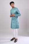 Shop Arihant Rai Sinha Green Jacquard, Polyester, Viscose Woven Sherwani And White Pant Online at Aza Fashions Shop_Arihant Rai Sinha_Green Jacquard, Polyester, Viscose Woven Sherwani And White Pant _Online_at_Aza_Fashions